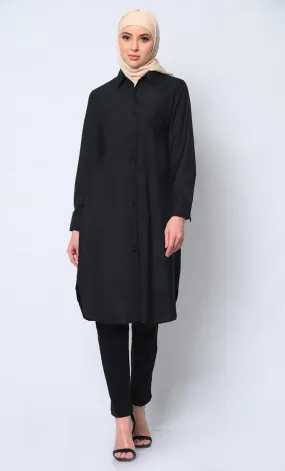 Classic  Black Shirt Tunic with Pocket Embroidery