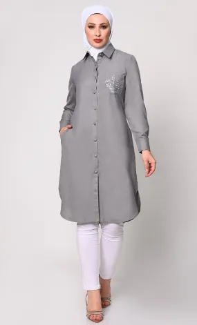 Classic Grey Shirt Tunic with Pocket Embroidery - Final Sale