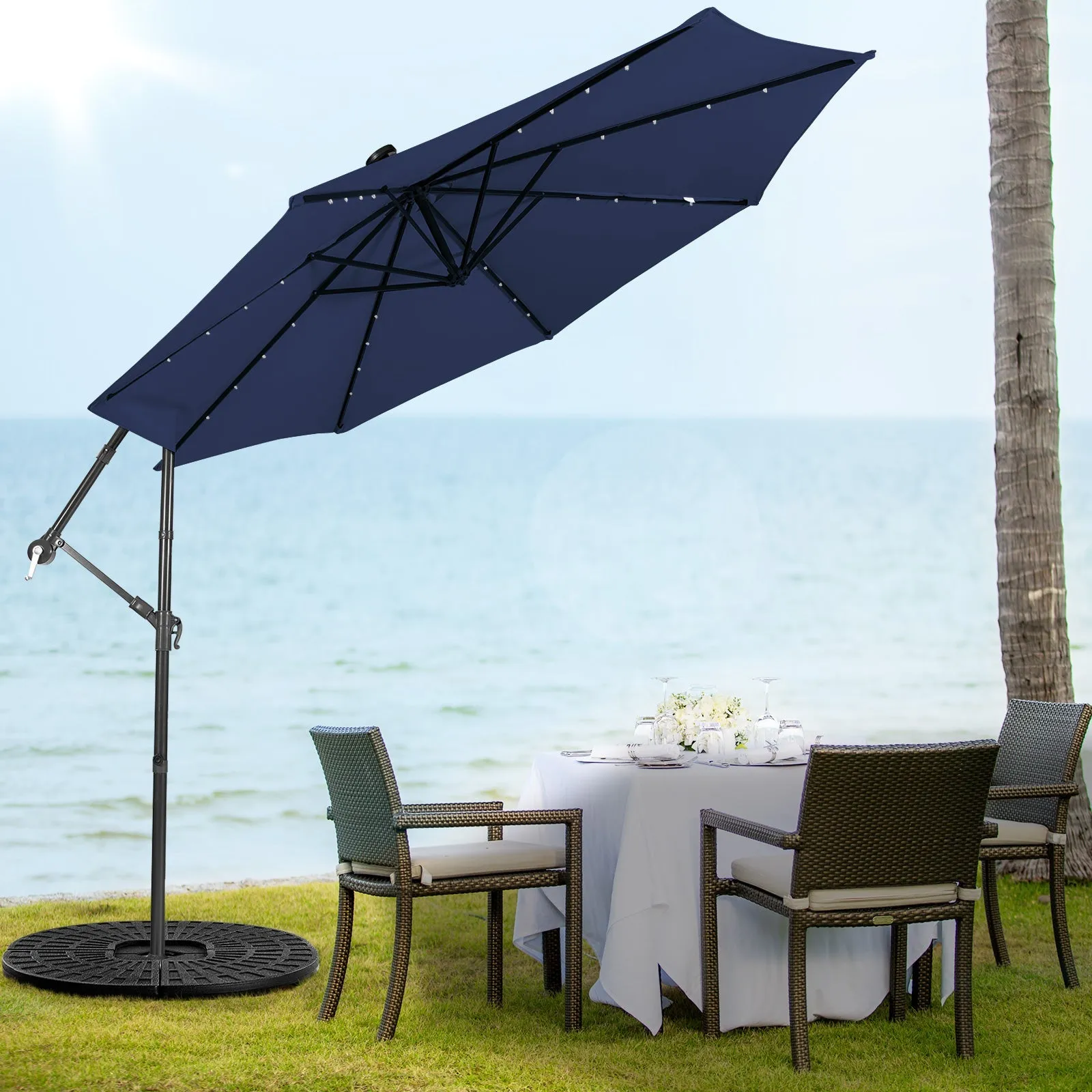 10 ft Cantilever Umbrella with 32 Solar-Powered LED Lights for Backyard Poolside Market-Navy