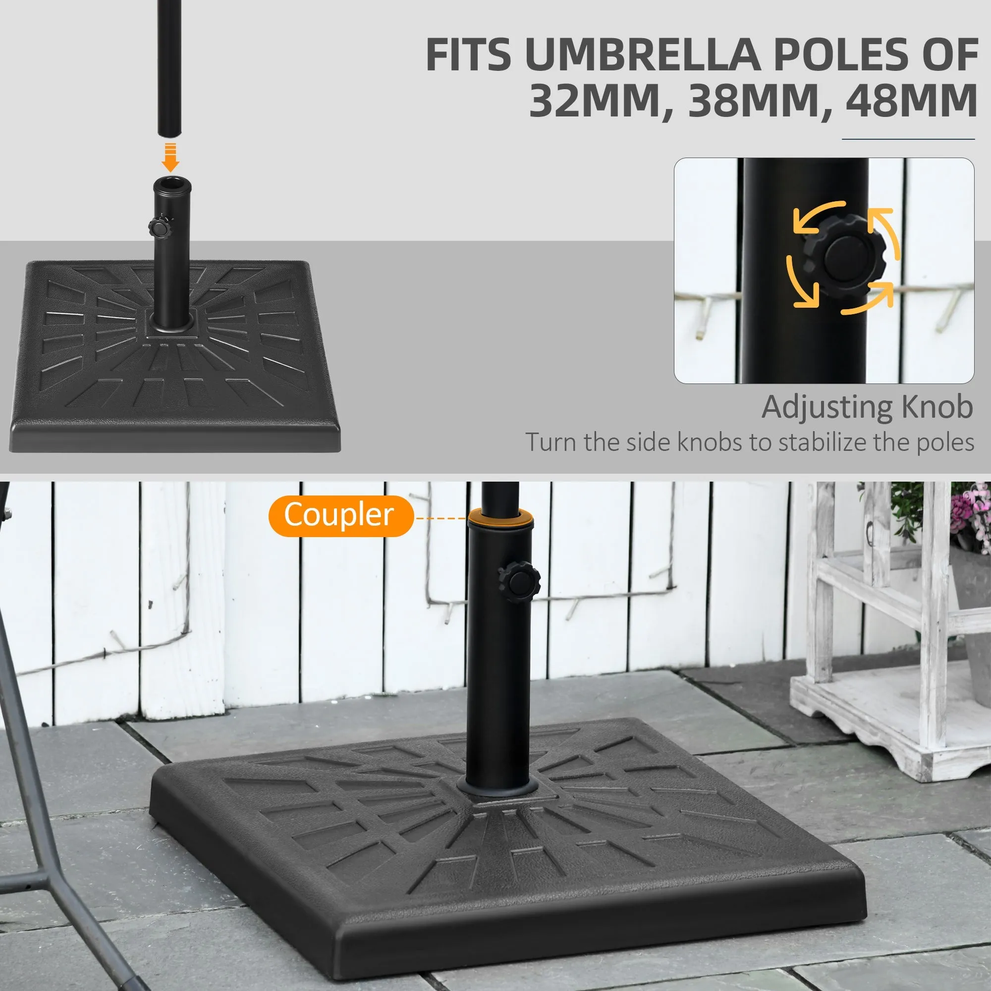 19kg Resin Garden Parasol Base Holder, Square Outdoor Market Umbrella Stand Weight for Poles of 32mm, 38mm, and 48mm, Black