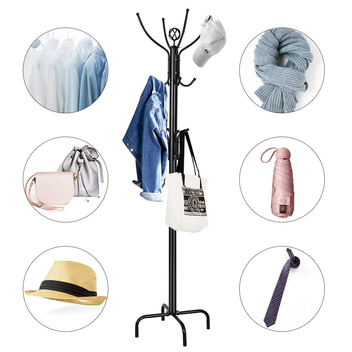 78" Coat Rack, Metal Frame Coat Tree, Free Standing Entryway Hat Coat Jacket Umbrella Holder