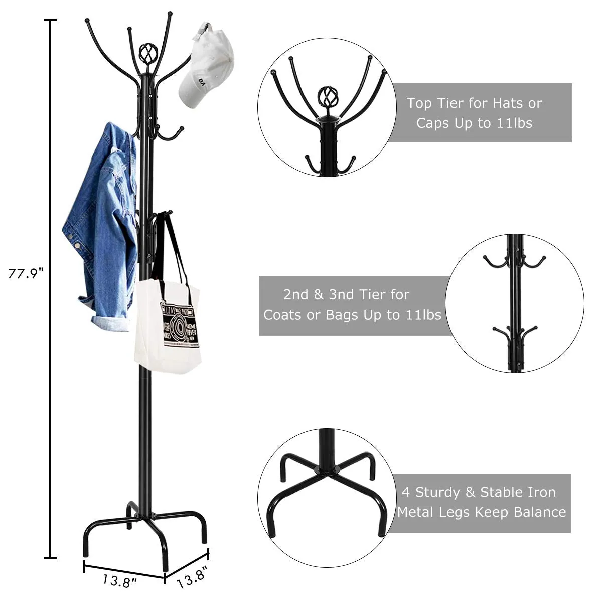 78" Coat Rack, Metal Frame Coat Tree, Free Standing Entryway Hat Coat Jacket Umbrella Holder