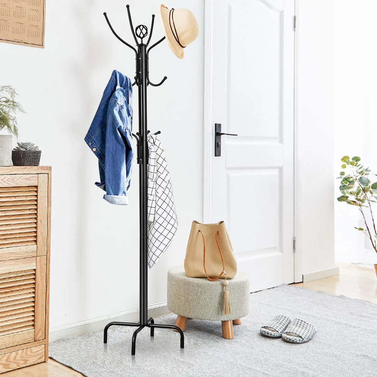 78" Coat Rack, Metal Frame Coat Tree, Free Standing Entryway Hat Coat Jacket Umbrella Holder