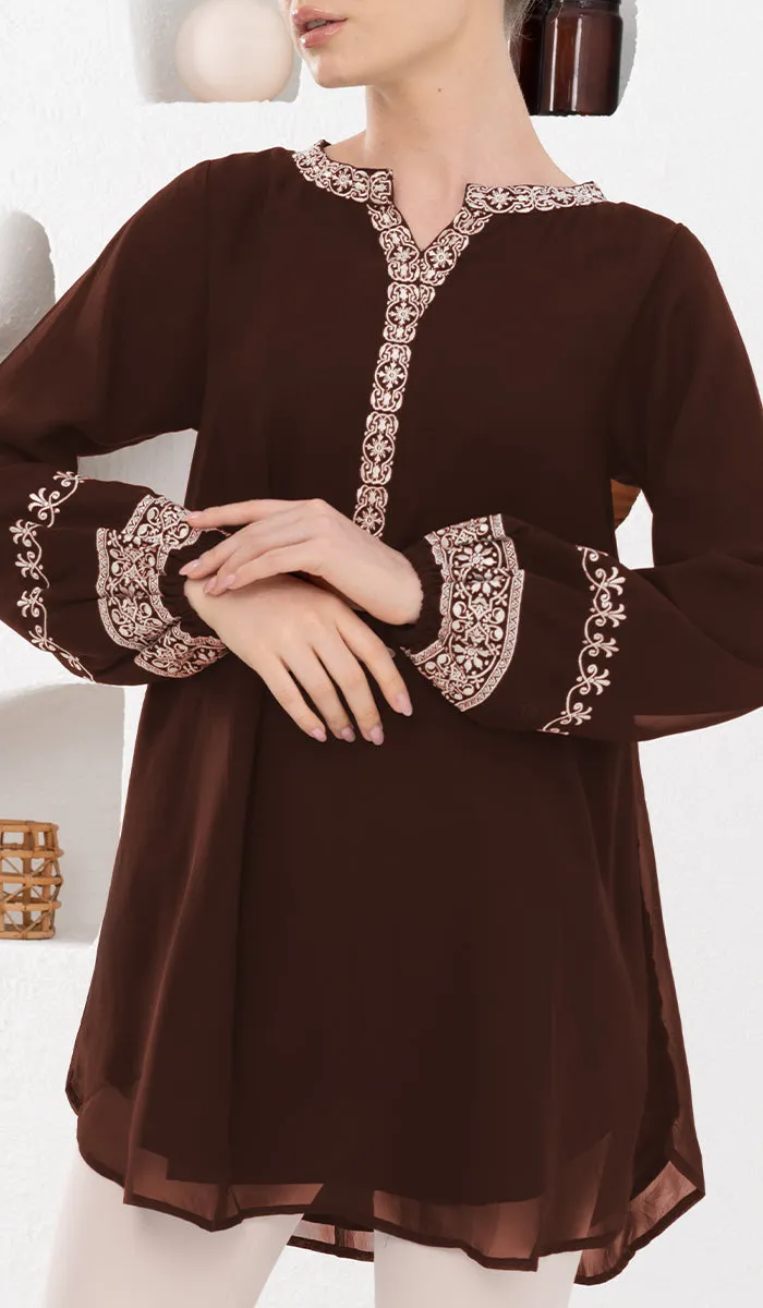 Amalie Embroidered Long Modest Tunic - Cocoa