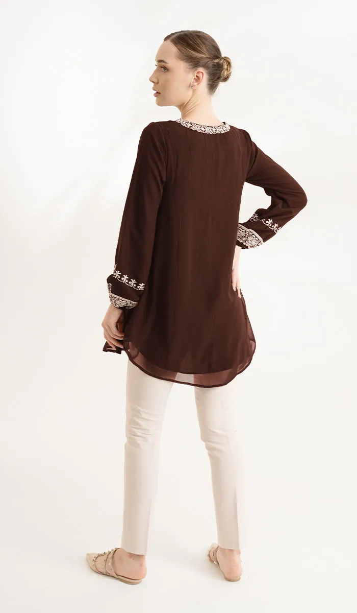 Amalie Embroidered Long Modest Tunic - Cocoa