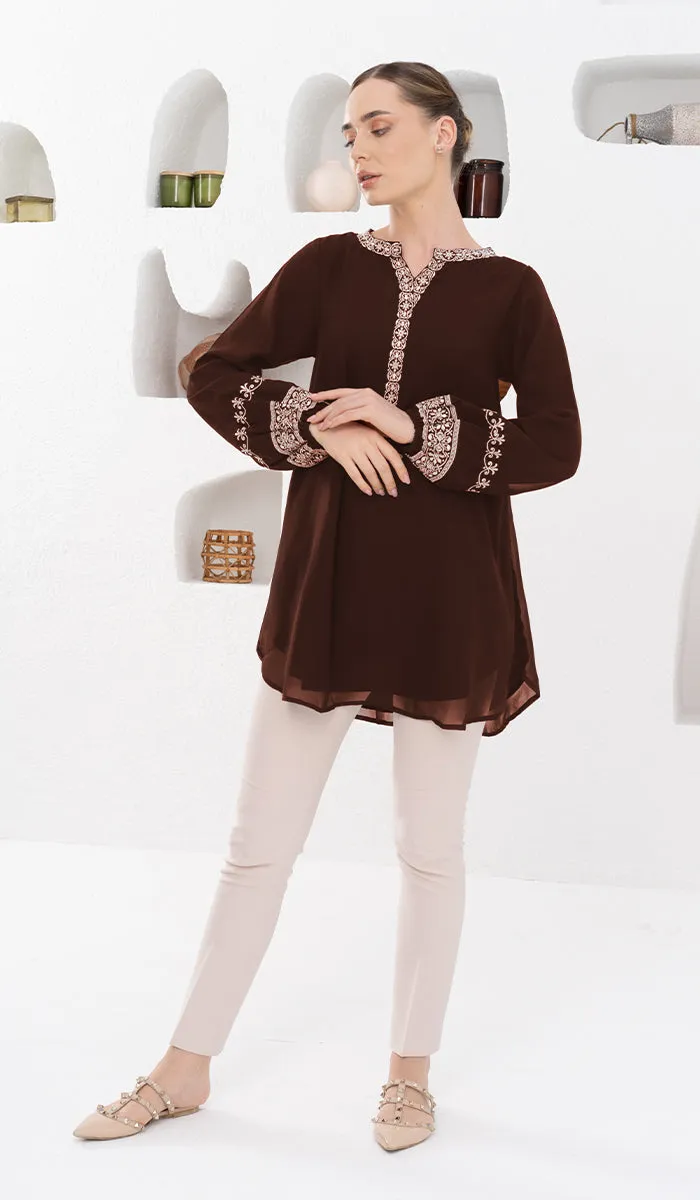 Amalie Embroidered Long Modest Tunic - Cocoa