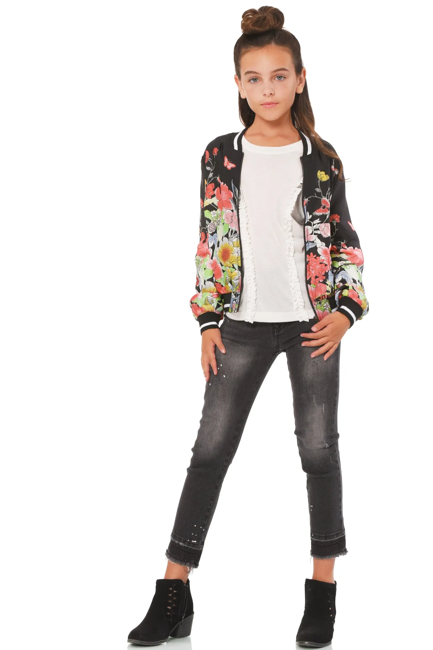 Big Girls Floral Butterfly Theme Bomber Jacket