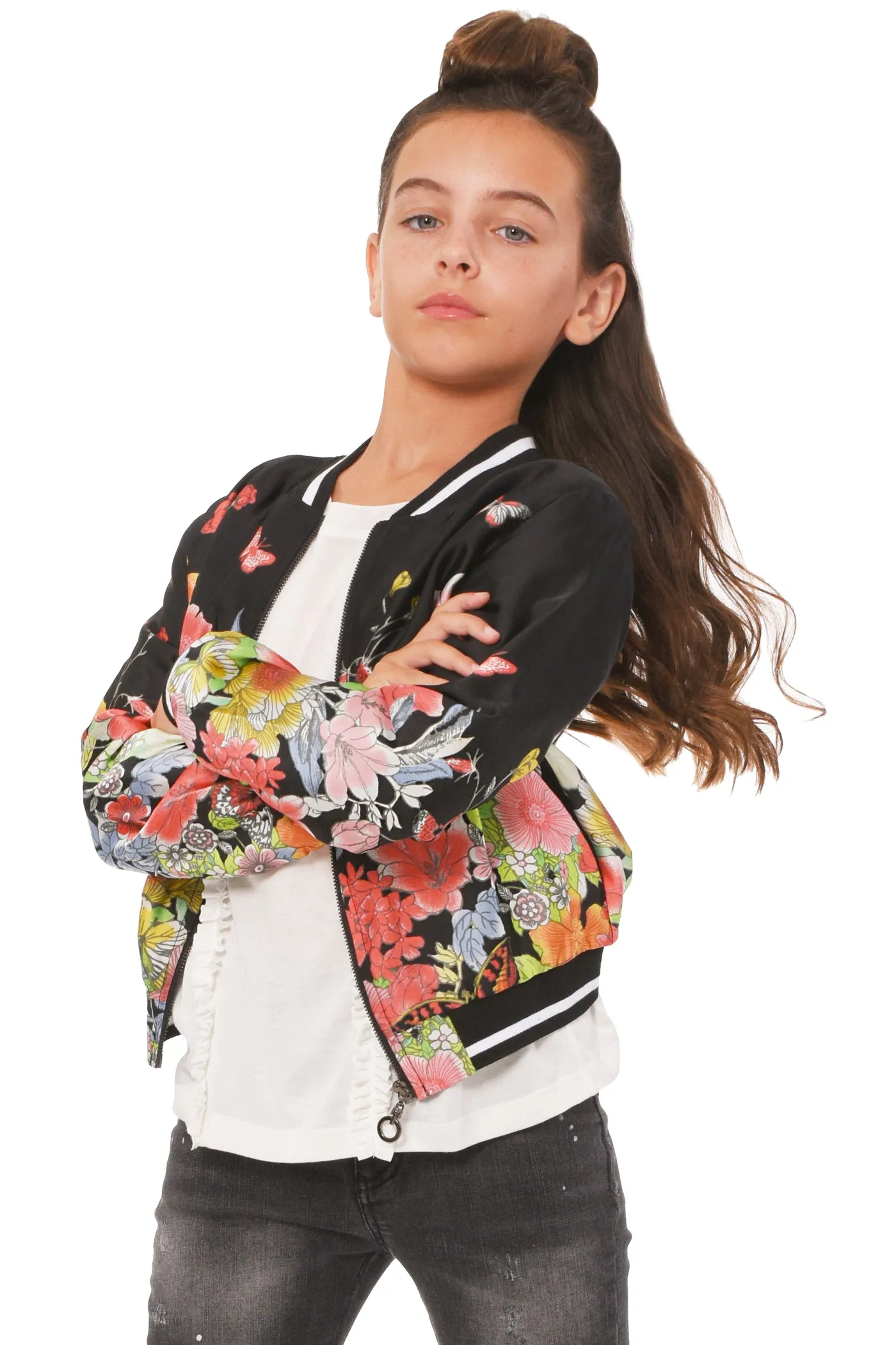 Big Girls Floral Butterfly Theme Bomber Jacket