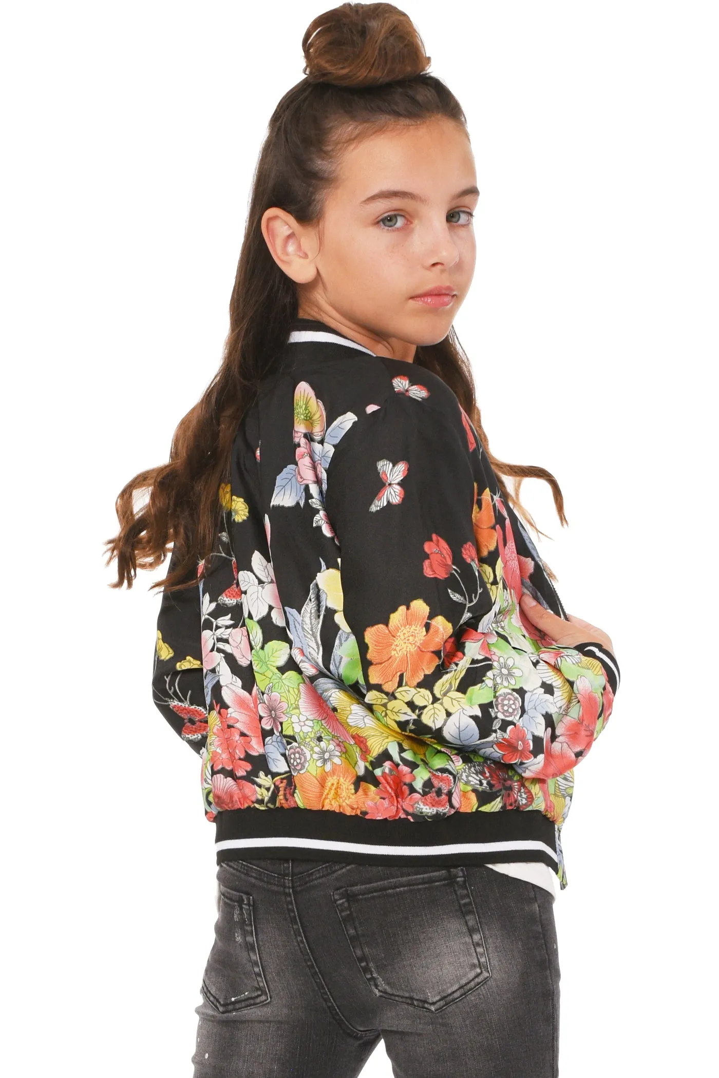 Big Girls Floral Butterfly Theme Bomber Jacket