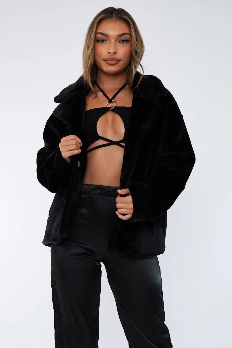 Black Cropped Faux Fur Coat - Janara