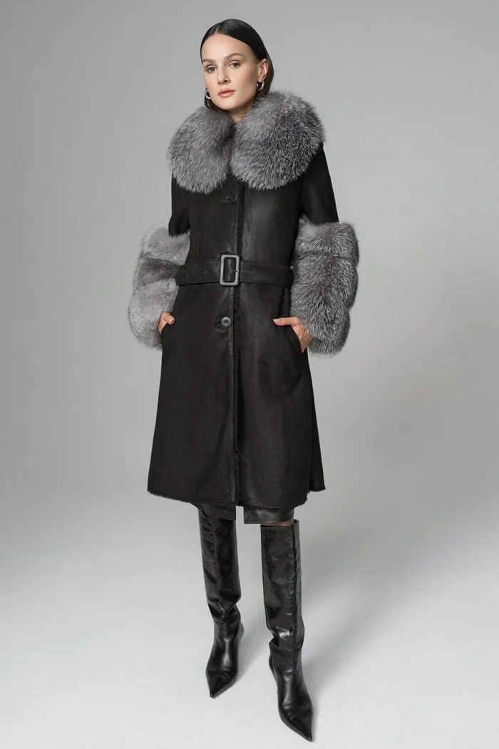 Black Genuine Maxi Lambskin Overcoat with Arctic Silver Fox Fur Collar and Cuffs