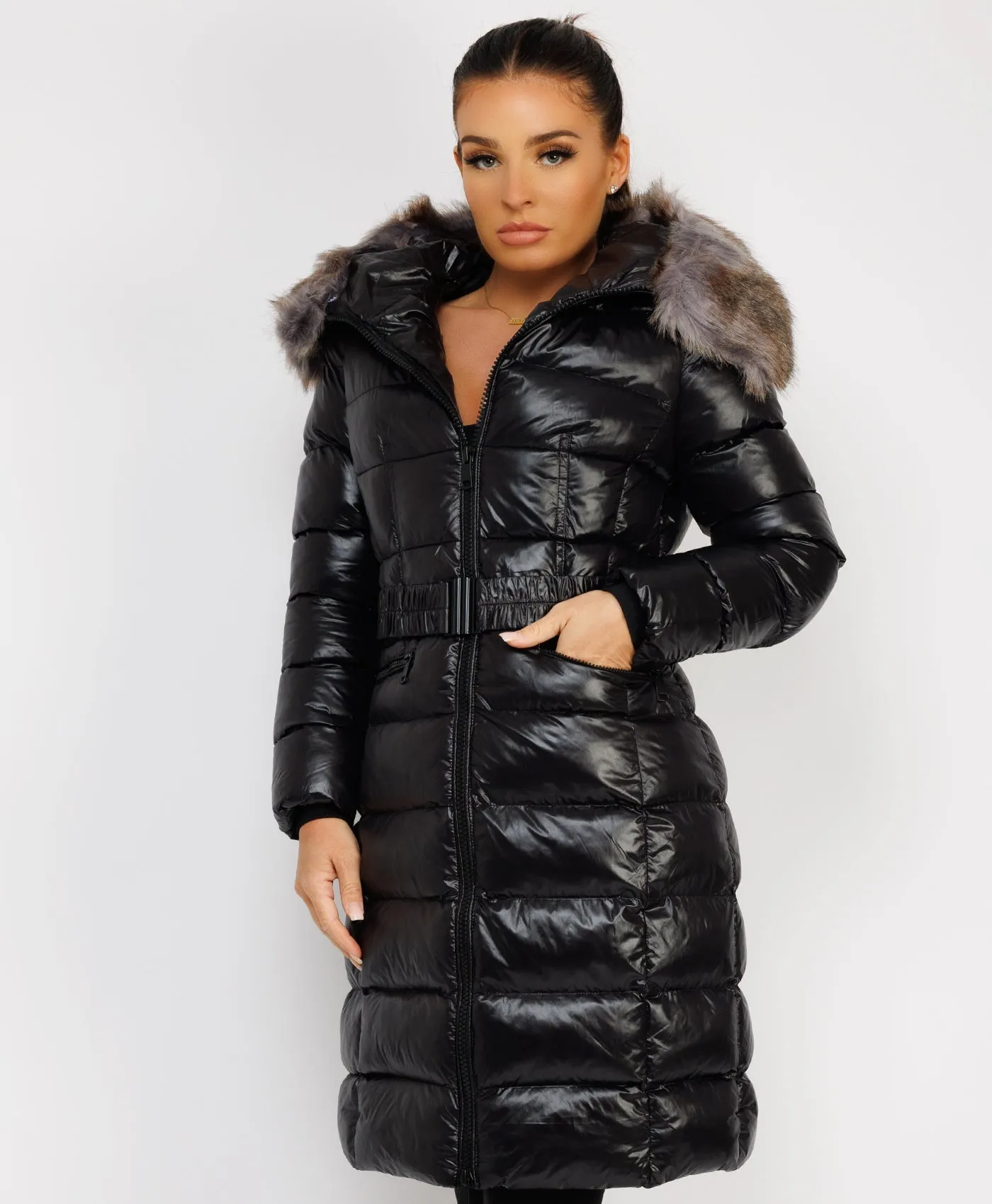 Black Long Padded Puffer Trench Coat Jacket With Faux Fur Hood & Belt