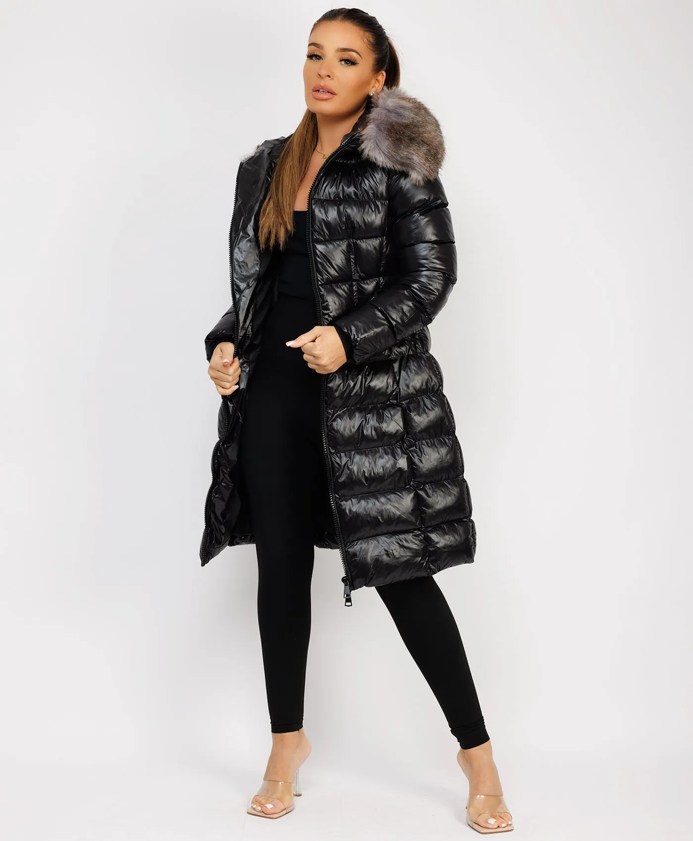 Black Long Padded Puffer Trench Coat Jacket With Faux Fur Hood & Belt