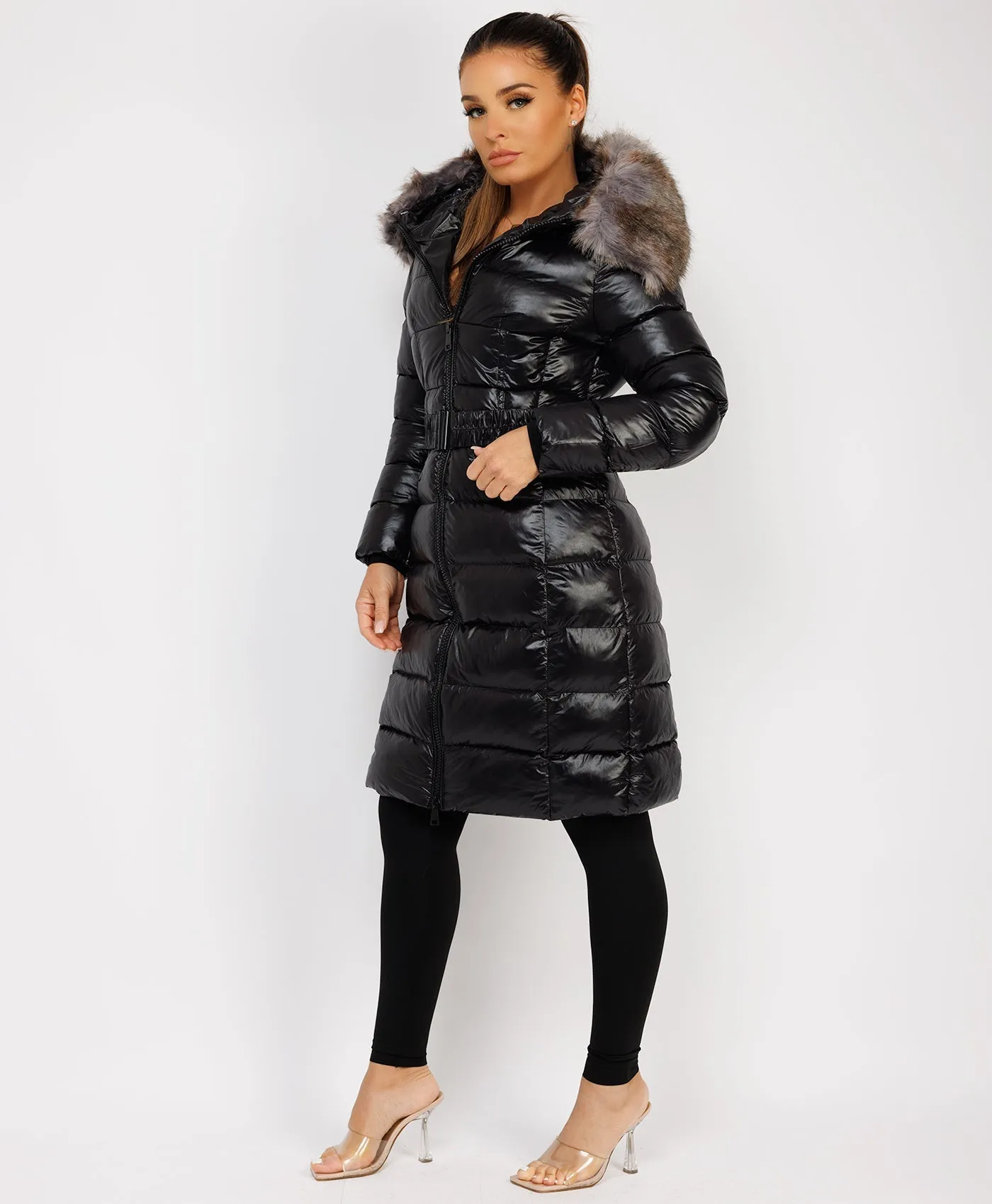 Black Long Padded Puffer Trench Coat Jacket With Faux Fur Hood & Belt