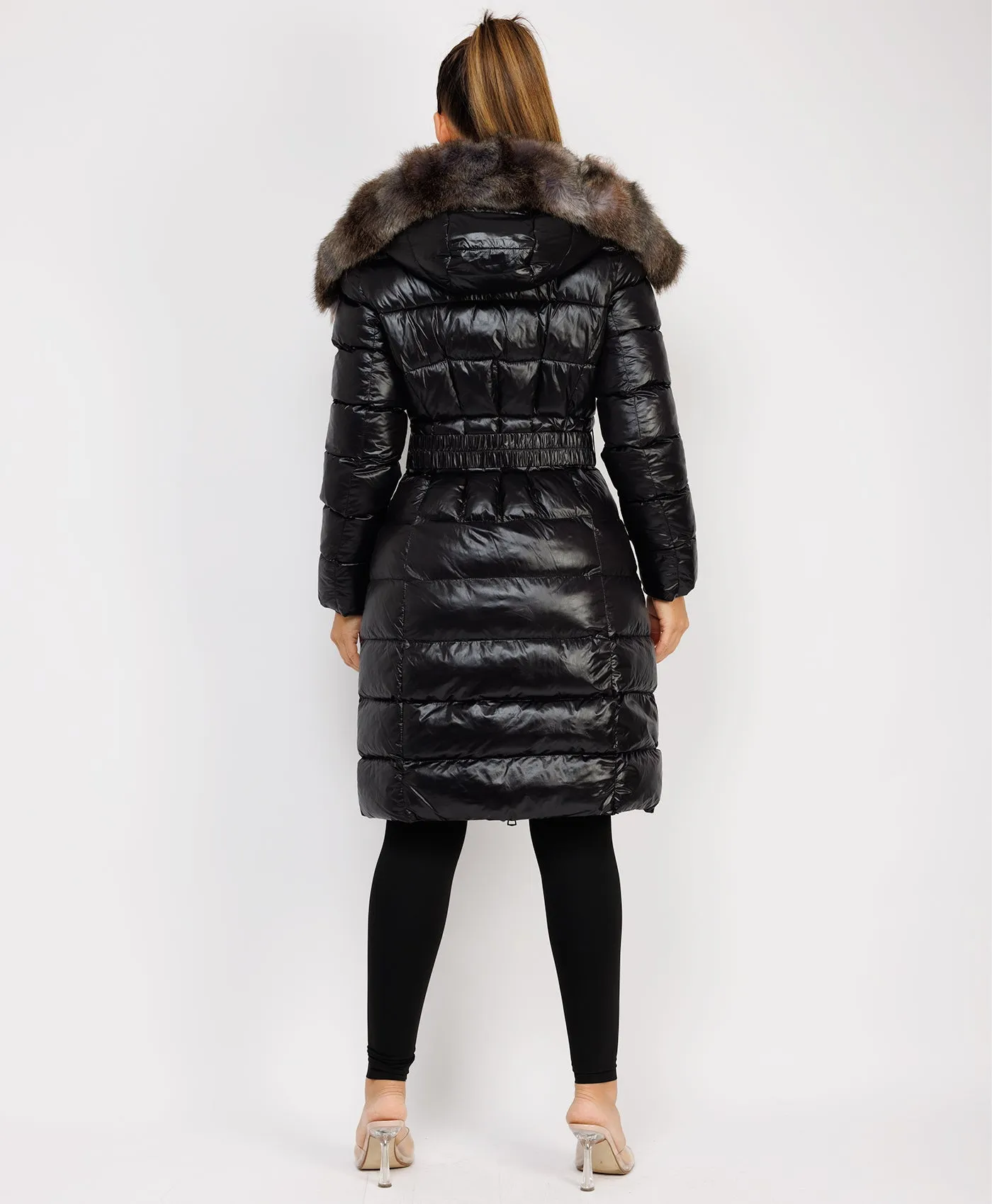 Black Long Padded Puffer Trench Coat Jacket With Faux Fur Hood & Belt