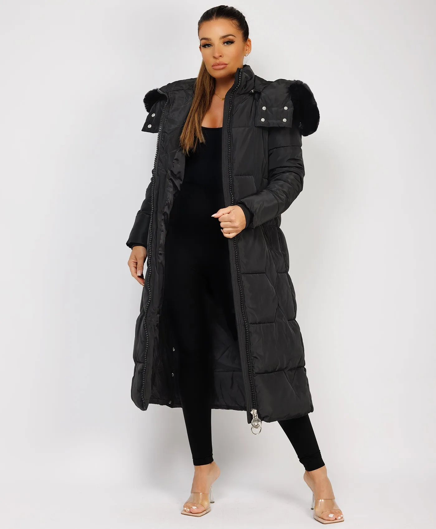 Black Long Padded Puffer Winter Trench Coat Jacket With Faux Fur Hood