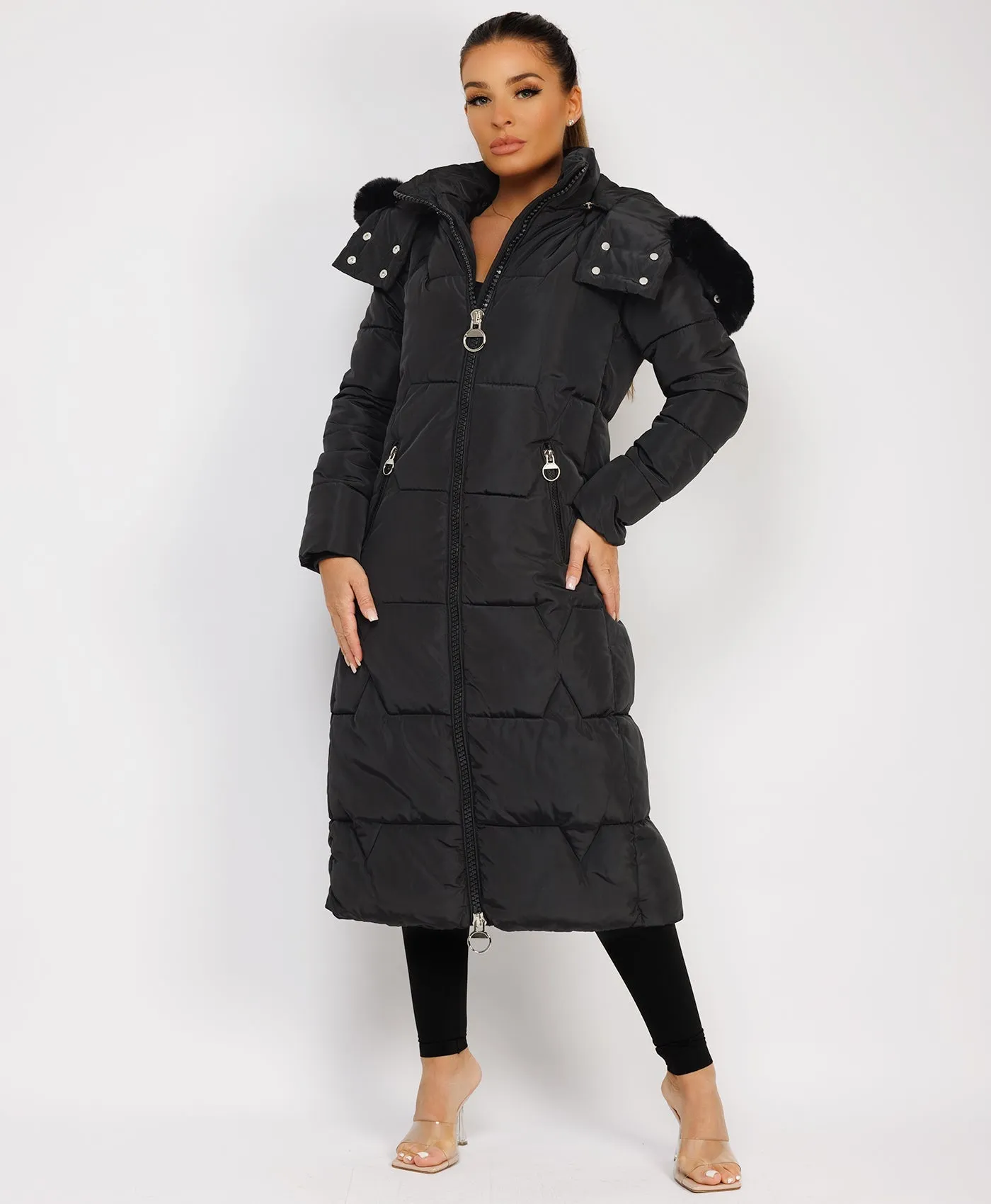 Black Long Padded Puffer Winter Trench Coat Jacket With Faux Fur Hood