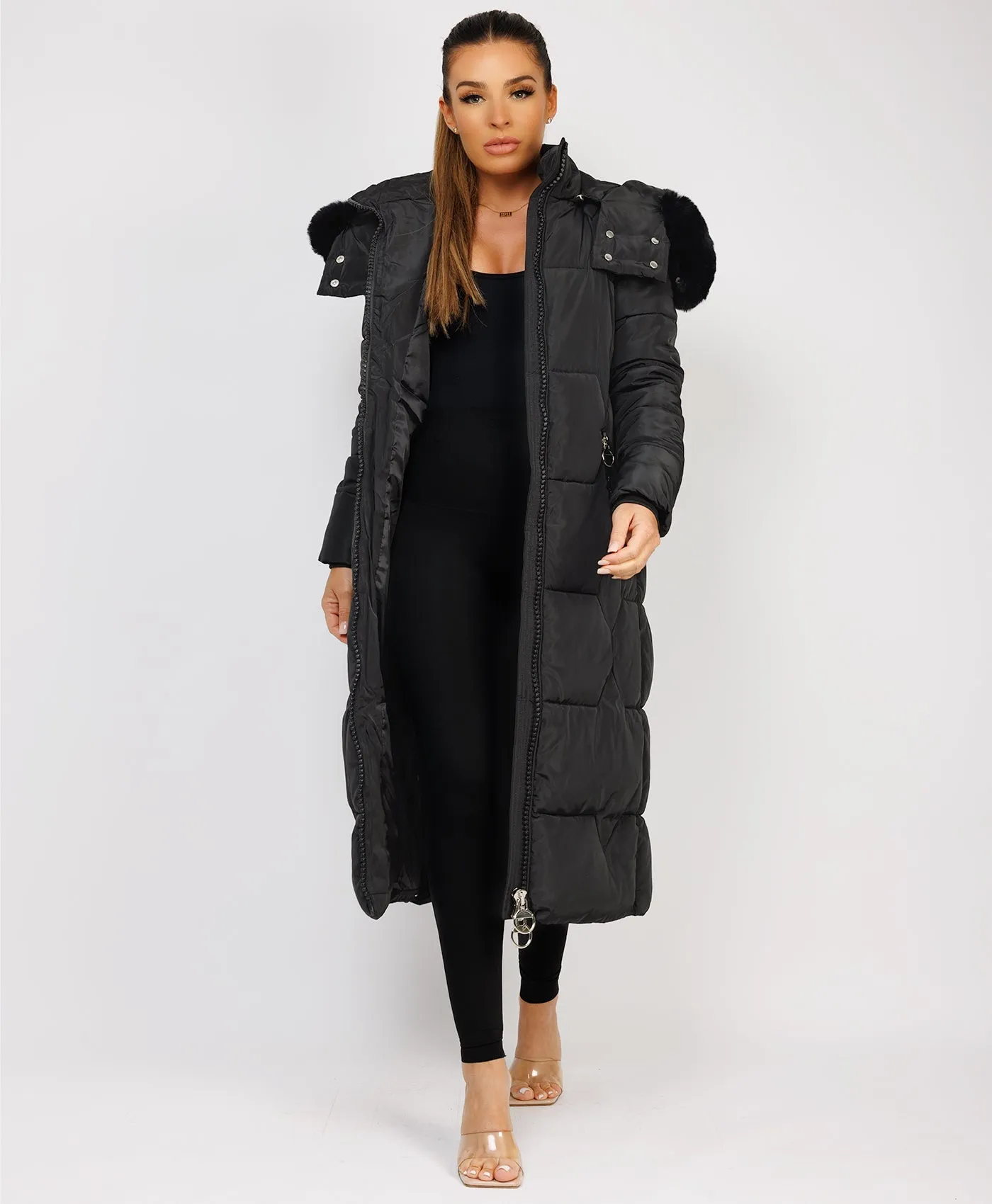 Black Long Padded Puffer Winter Trench Coat Jacket With Faux Fur Hood