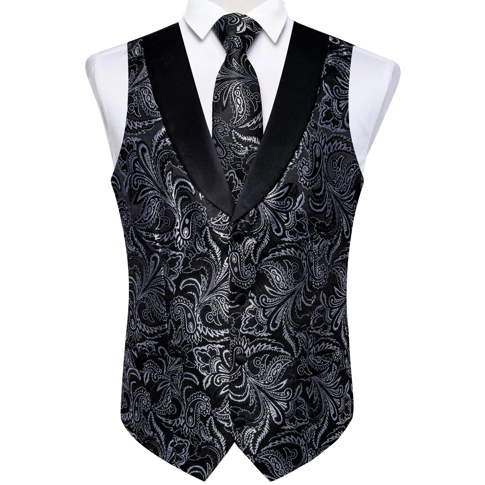 Black White Paisley Black Collar V Neck Jacquard Silk Men's Vest Hanky Cufflinks Tie Set