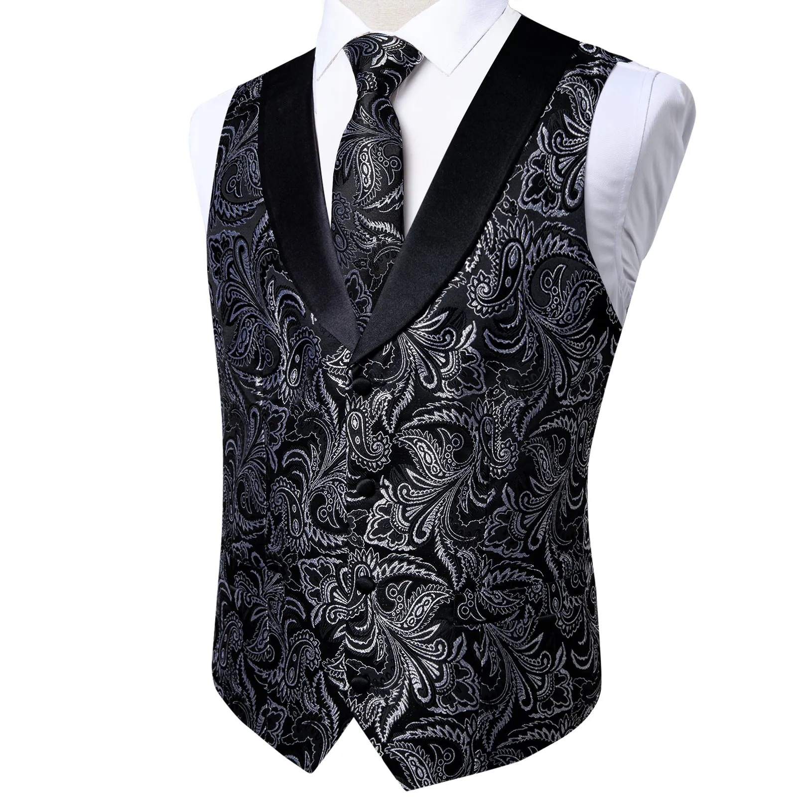 Black White Paisley Black Collar V Neck Jacquard Silk Men's Vest Hanky Cufflinks Tie Set