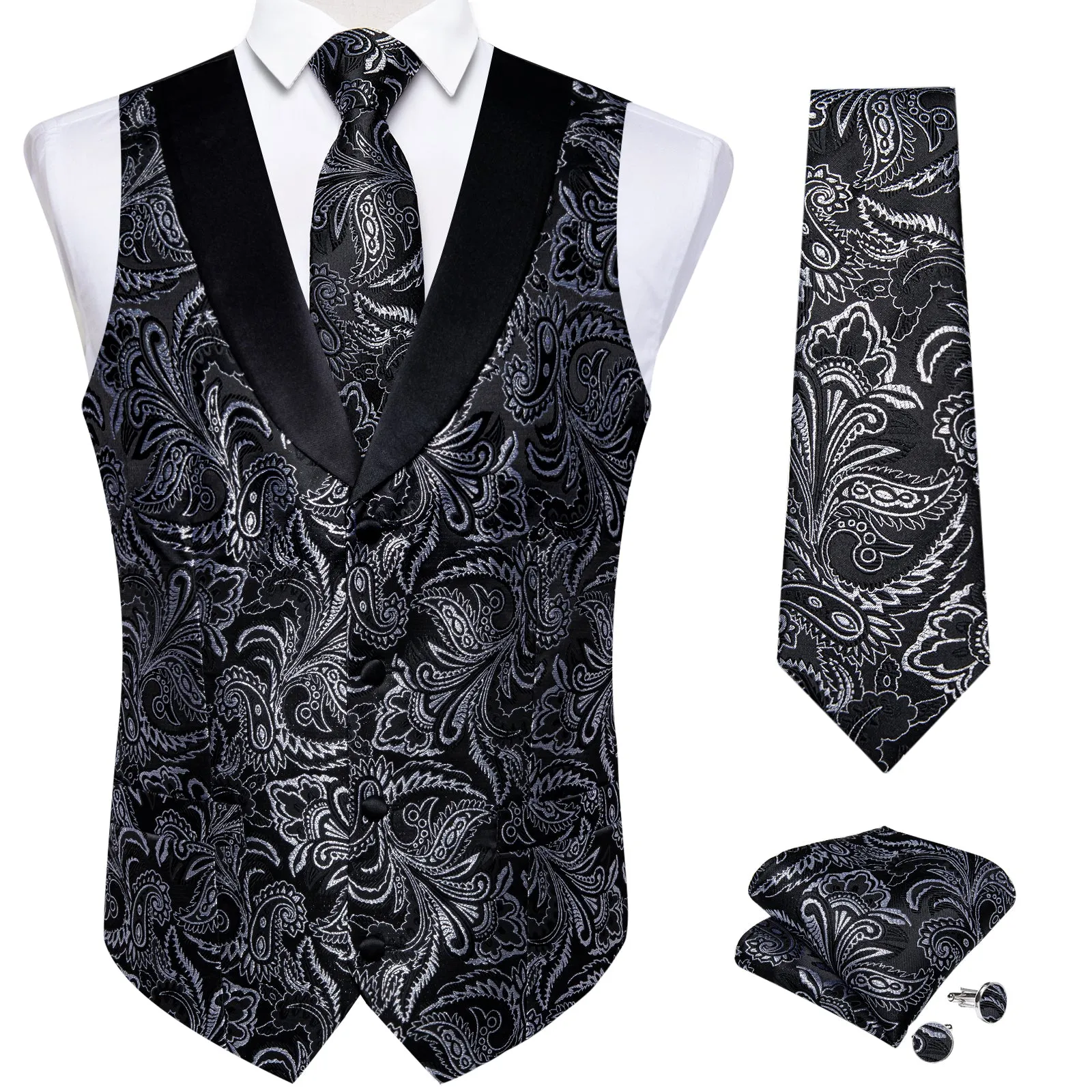 Black White Paisley Black Collar V Neck Jacquard Silk Men's Vest Hanky Cufflinks Tie Set