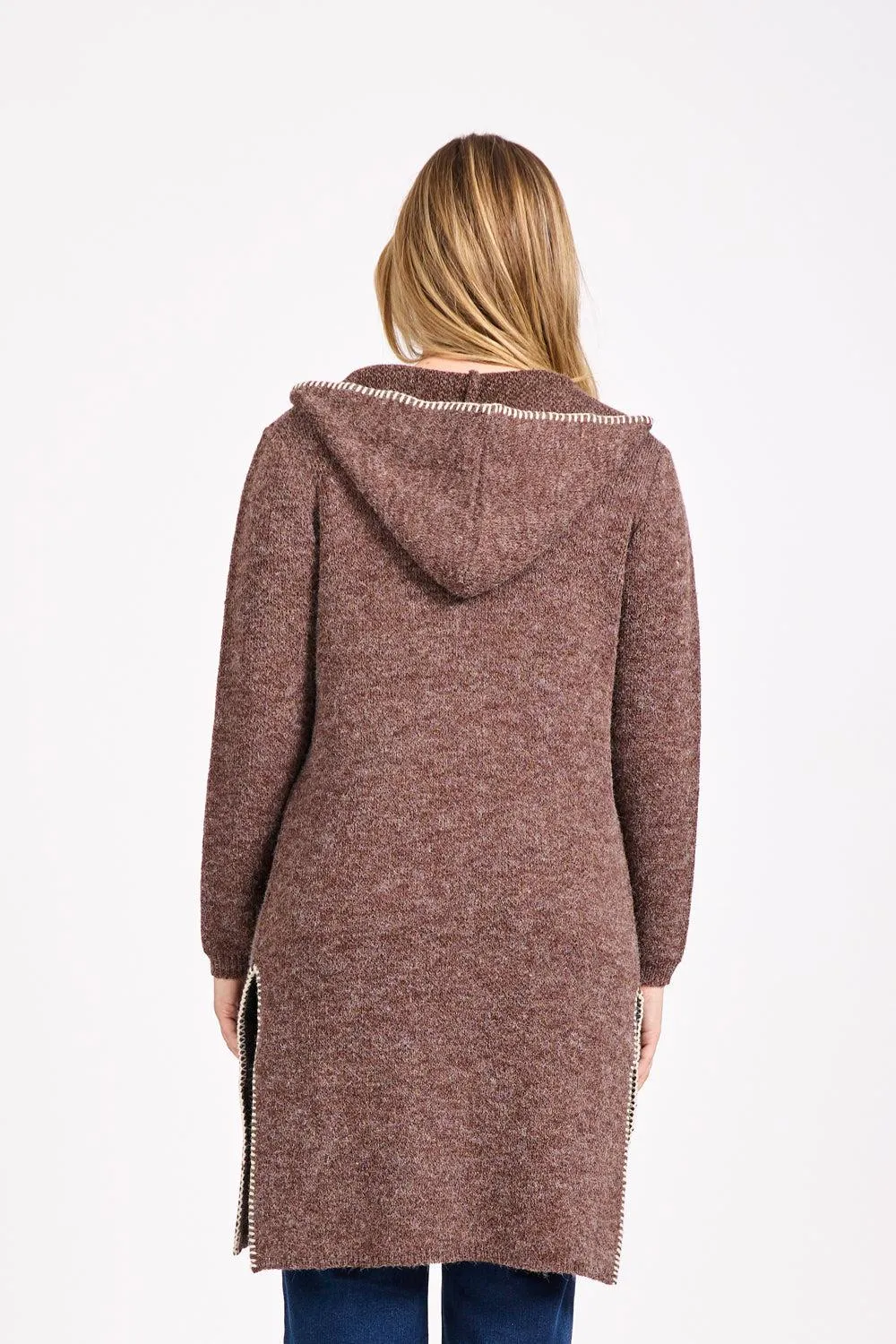 Blanket Stitch Cardigan with Hood- Brown