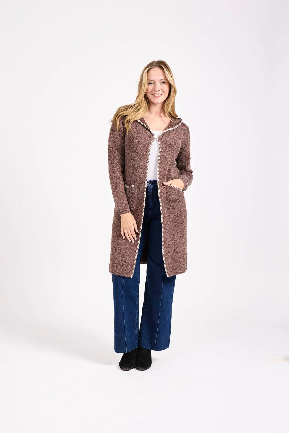 Blanket Stitch Cardigan with Hood- Brown