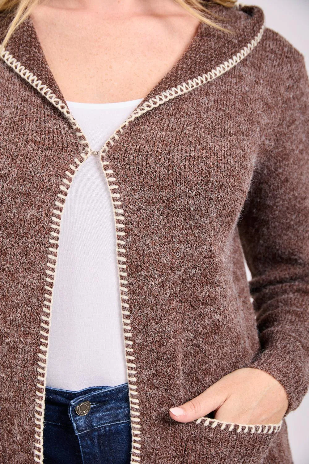 Blanket Stitch Cardigan with Hood- Brown