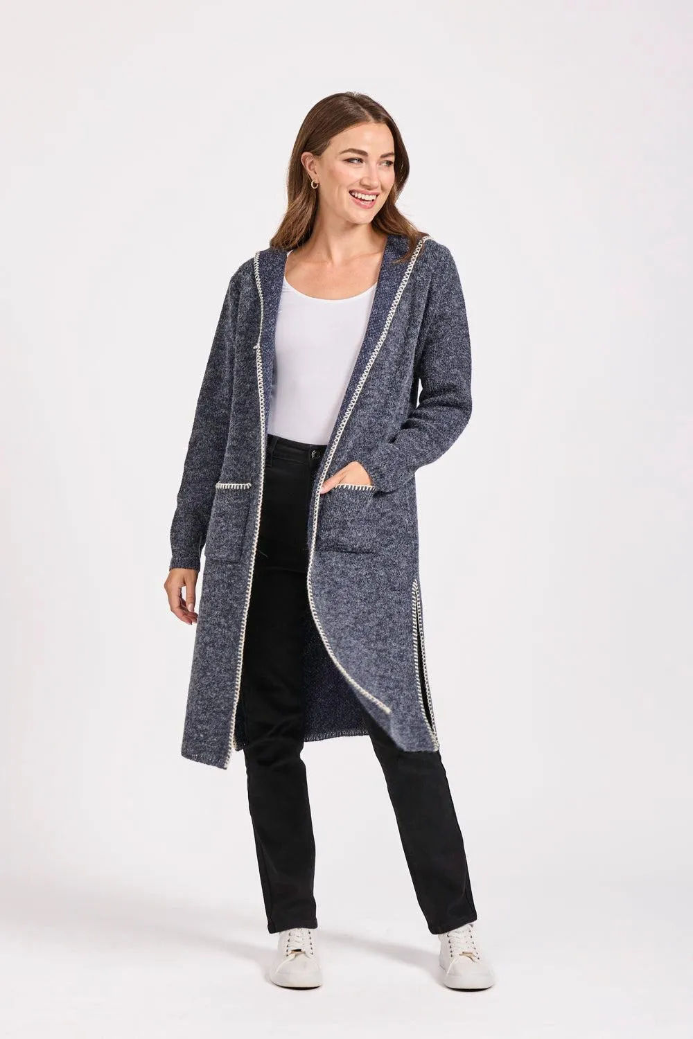 Blanket Stitch Cardigan with hood- Denim