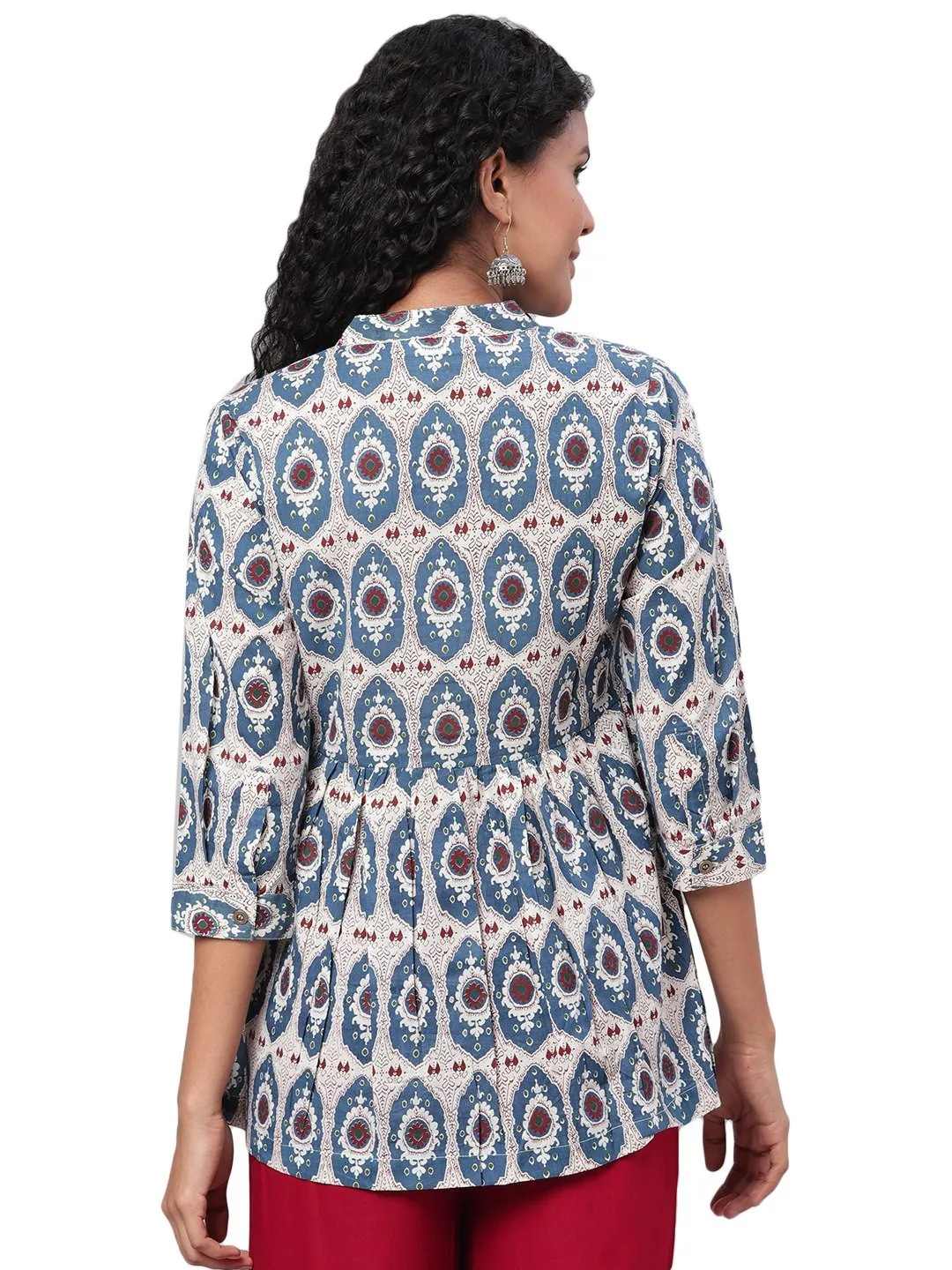 Blue Printed Casual Cotton Tunic Top