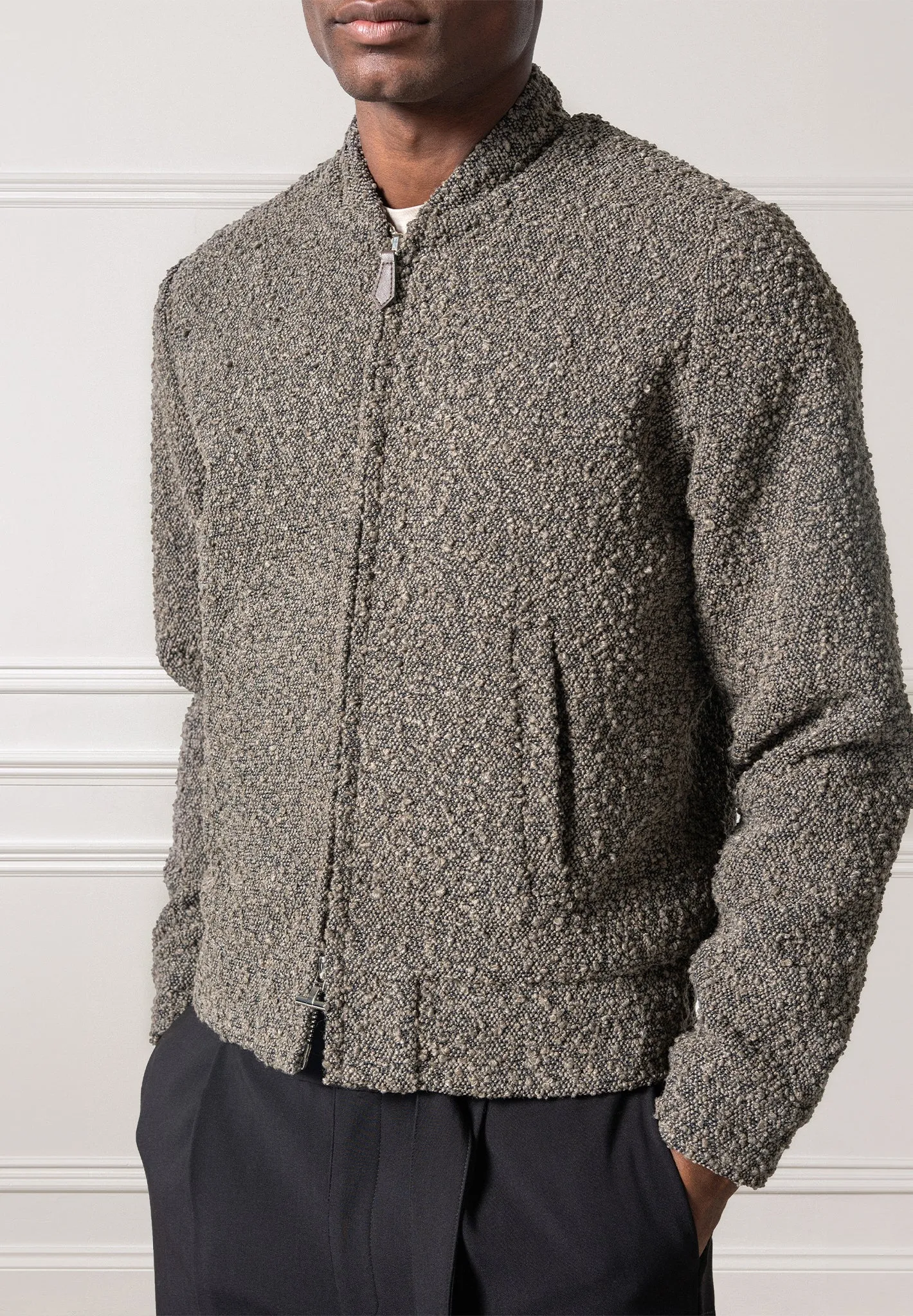 Boucle Zip Through Bomber Jacket - Brown