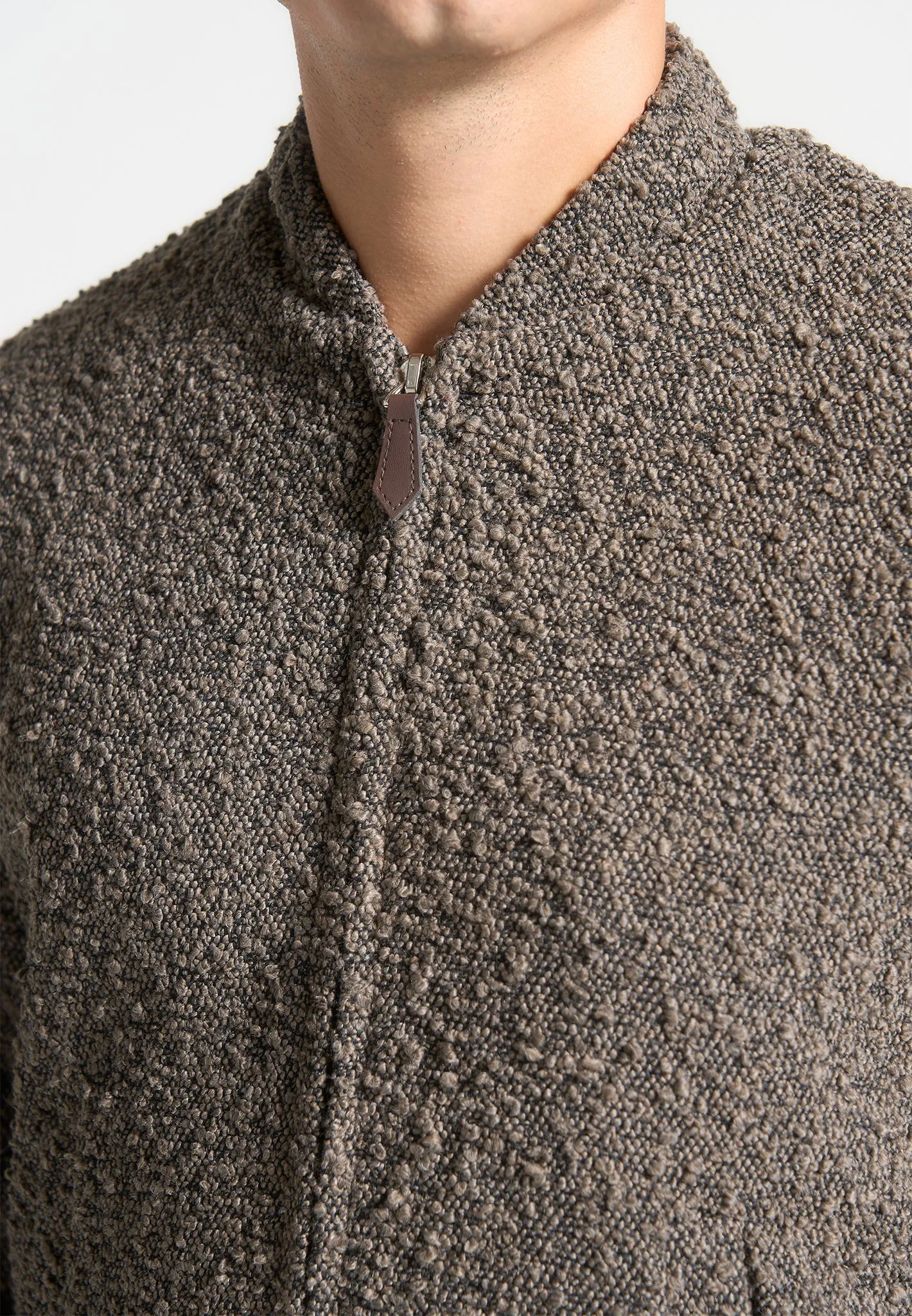 Boucle Zip Through Bomber Jacket - Brown