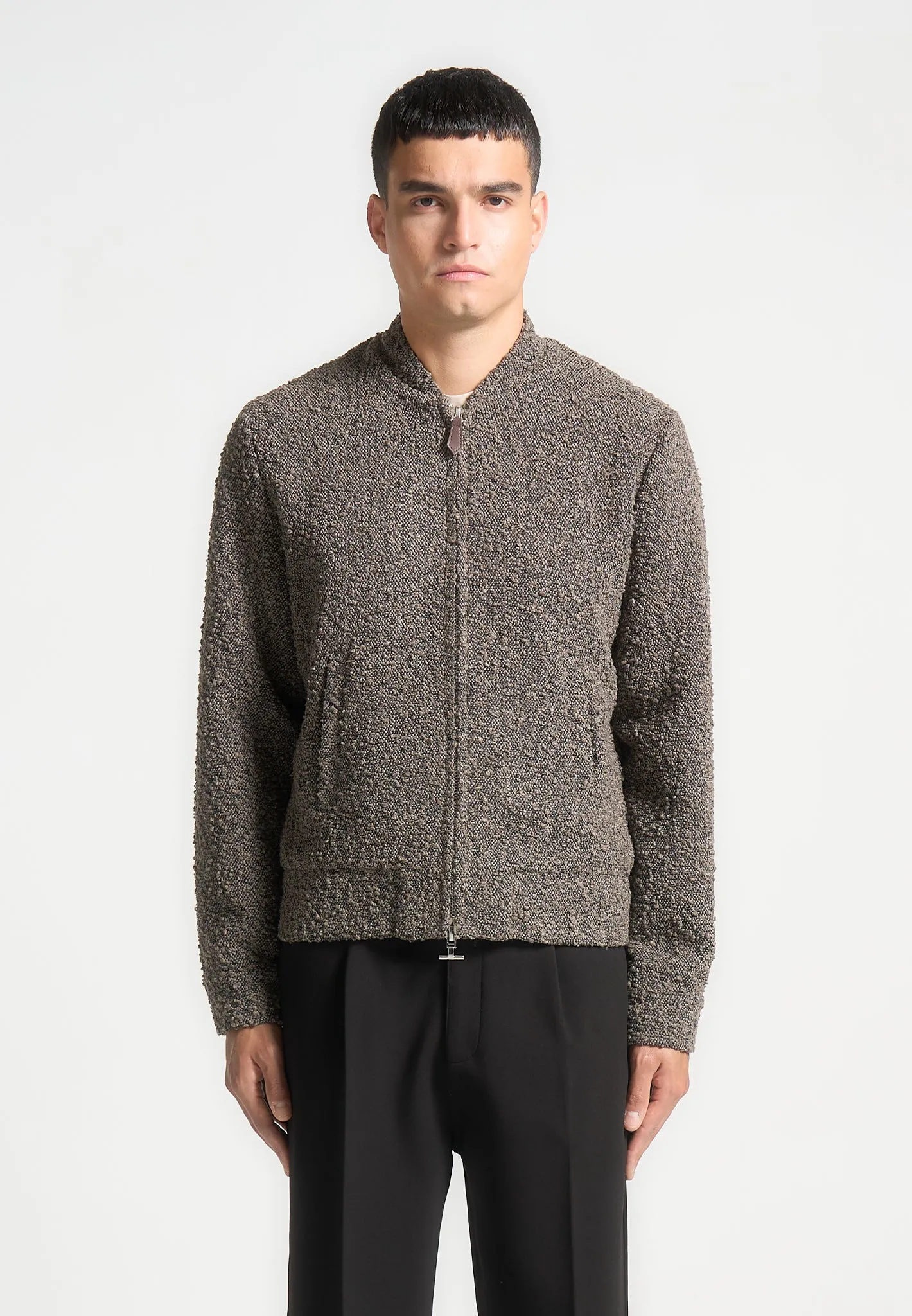 Boucle Zip Through Bomber Jacket - Brown