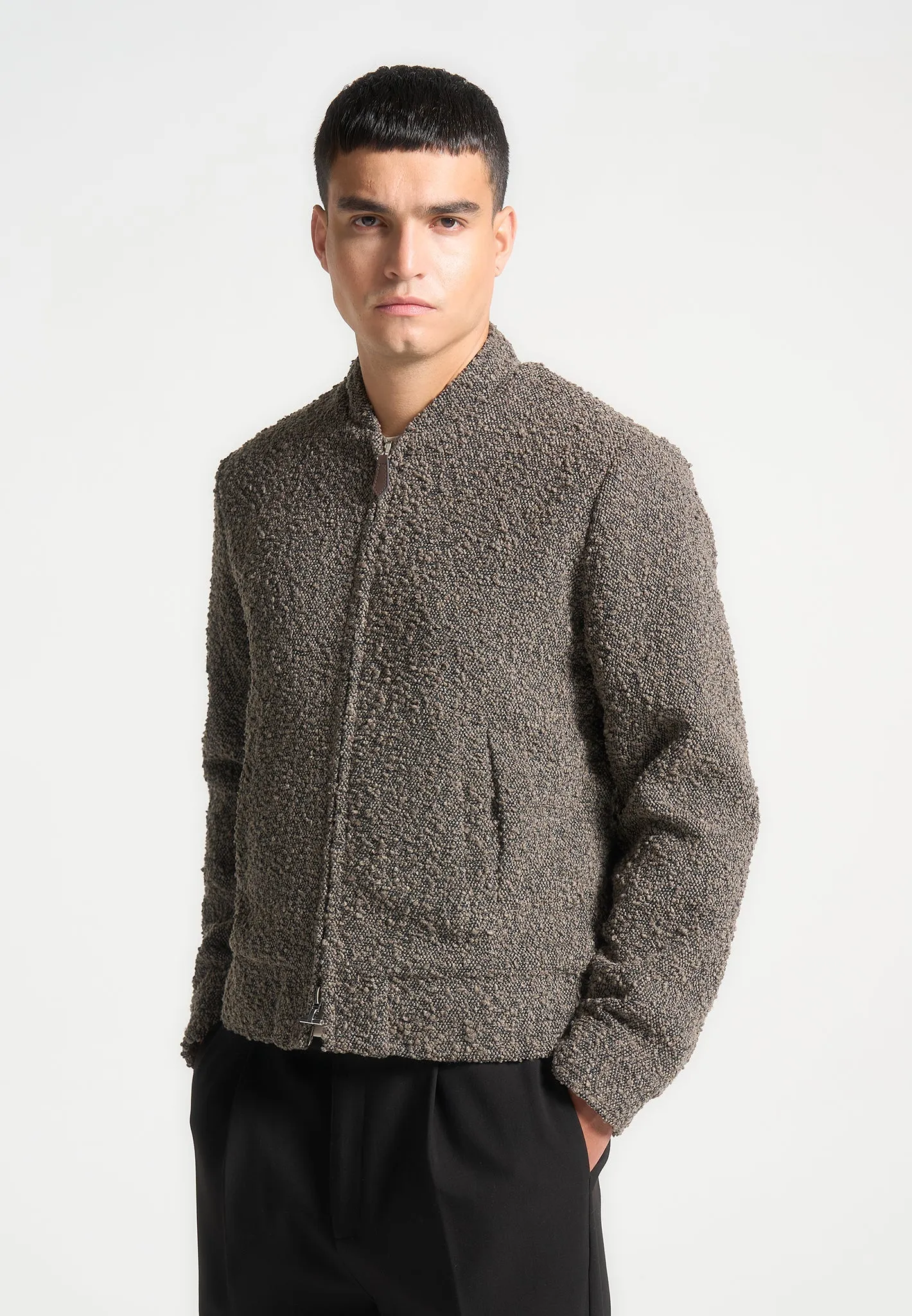 Boucle Zip Through Bomber Jacket - Brown