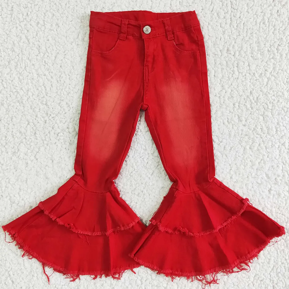 Boutique Baby Girls Jeans Double Ruffle Bell Bottom Pants Red Washed Girls Denim Pants High Quality Jeans P0006