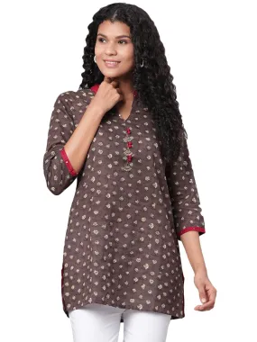 Brown Cotton Casual Long Tunic Top for Women