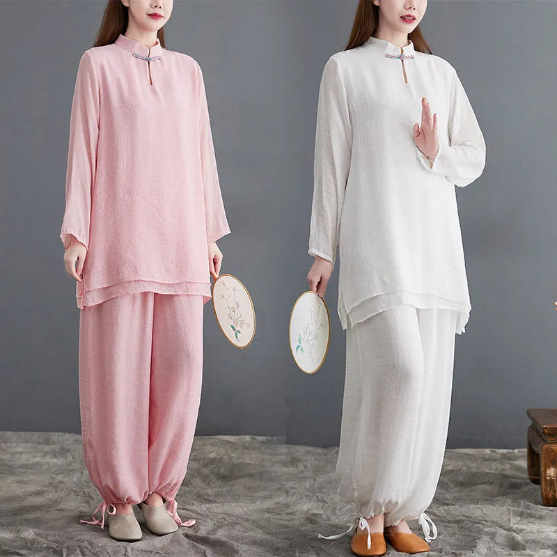 Buddha Stones 2Pcs Tai Chi Meditation Yoga Zen Spiritual Cotton Linen Clothing Top Pants Women's Set