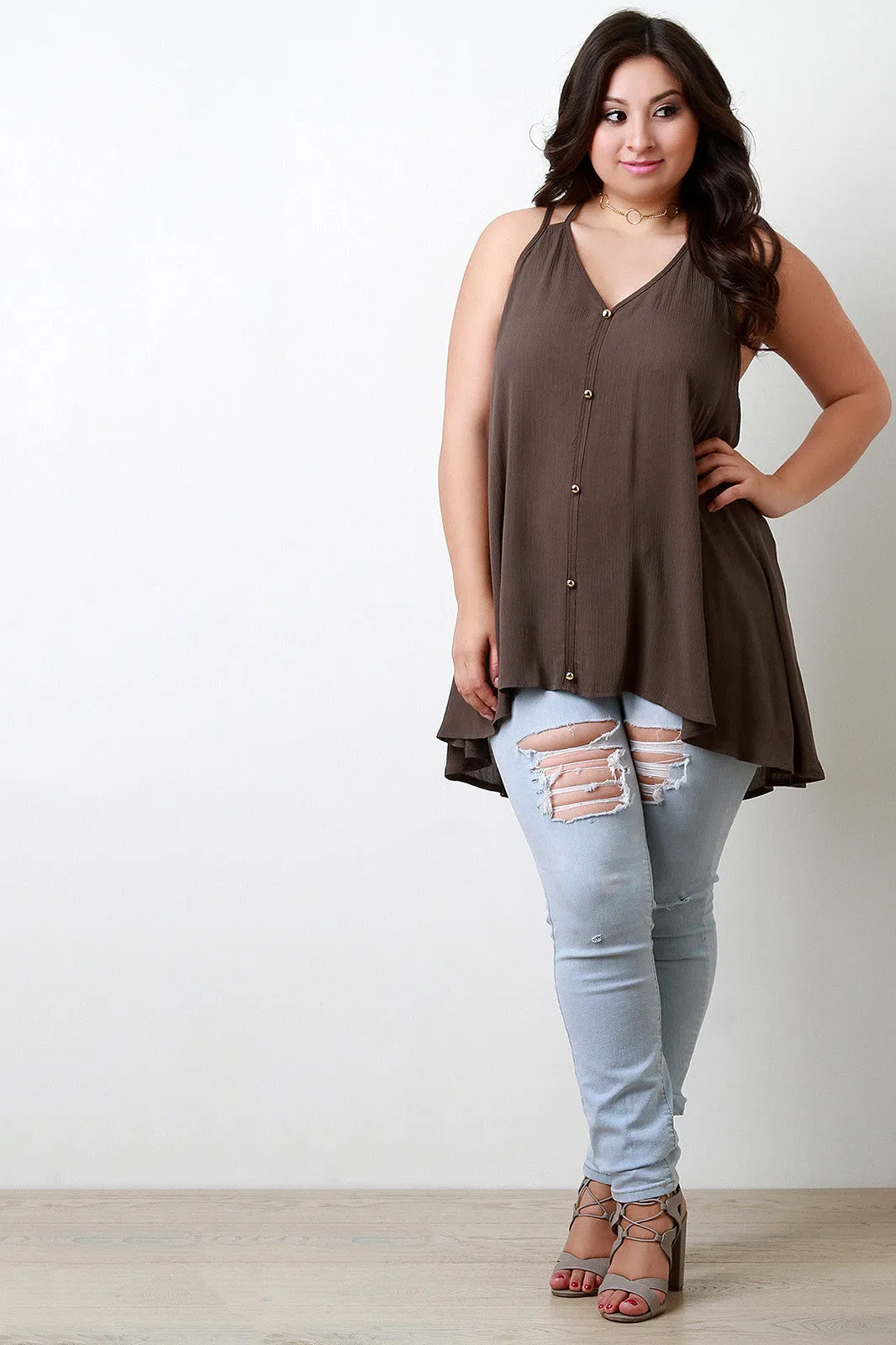 Button Accent V-Neck Tunic Top