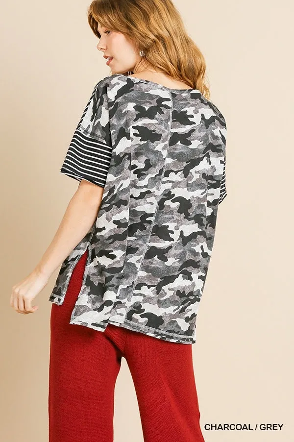 Camo & Striped Top, Grey