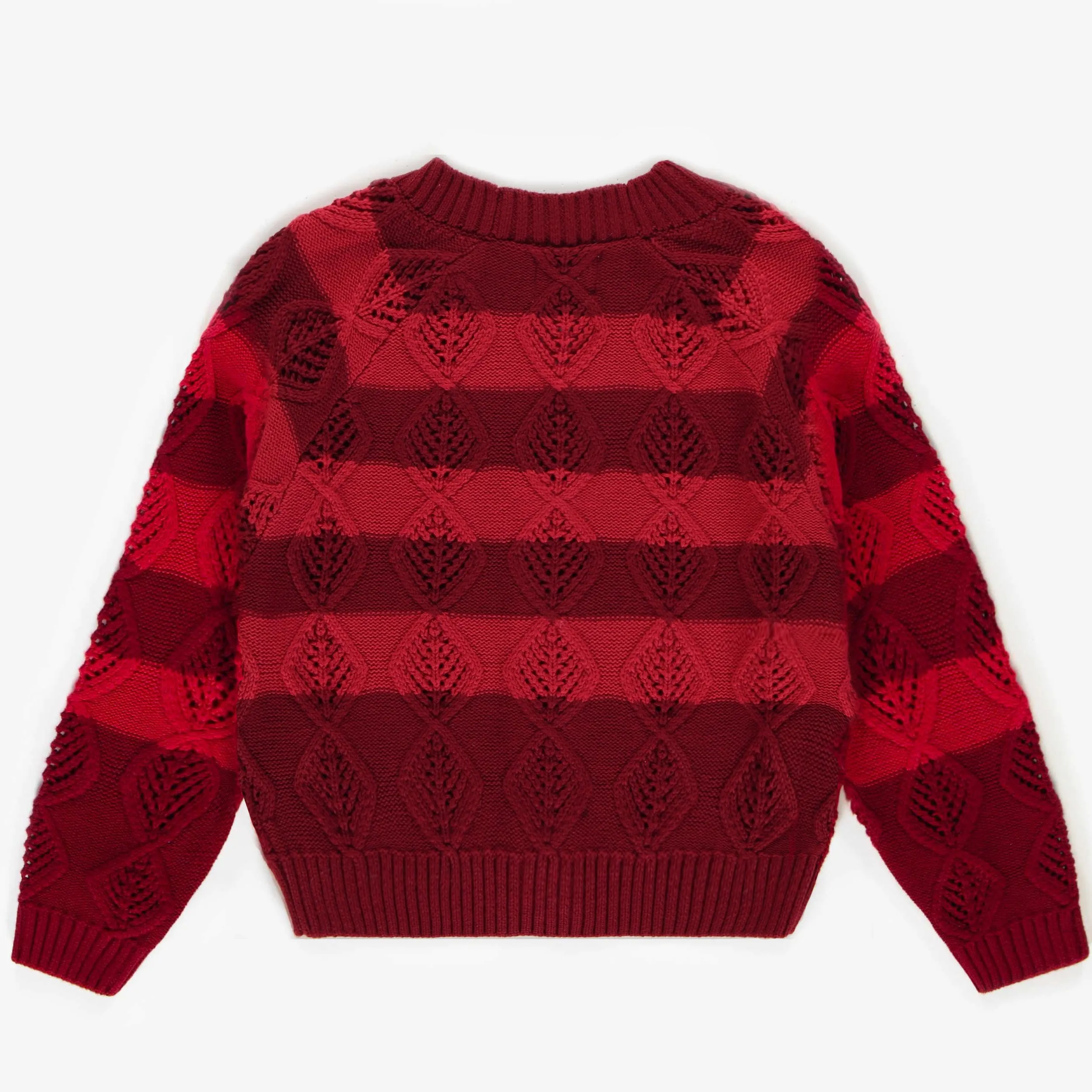 Cardigan rouge de maille en polyester recyclé, enfant || Red knitted cardigan in recycled polyester, child