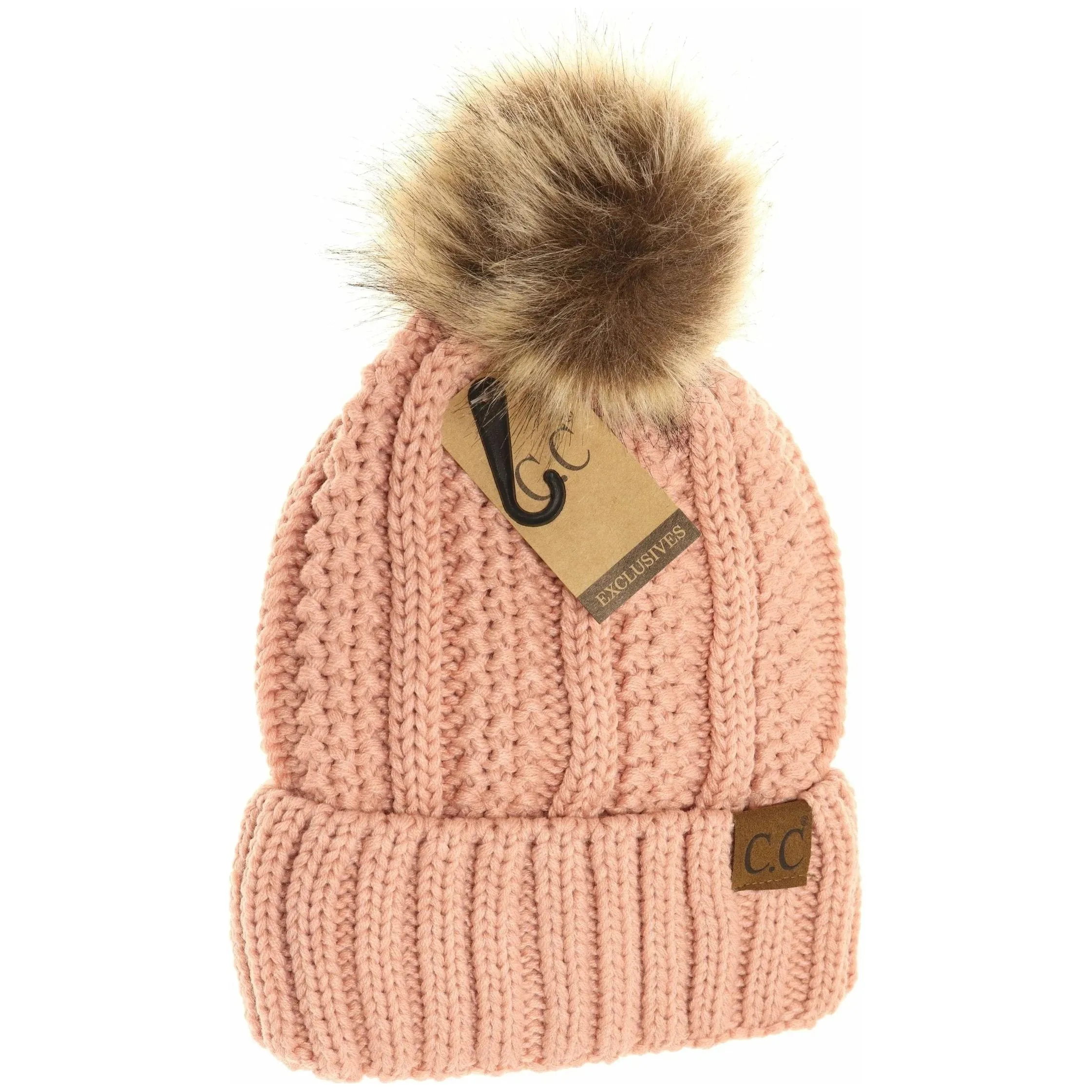 C.C. Beanie With Faux Fur Pom and Fuzzy Lining (Multiple Colors Available)