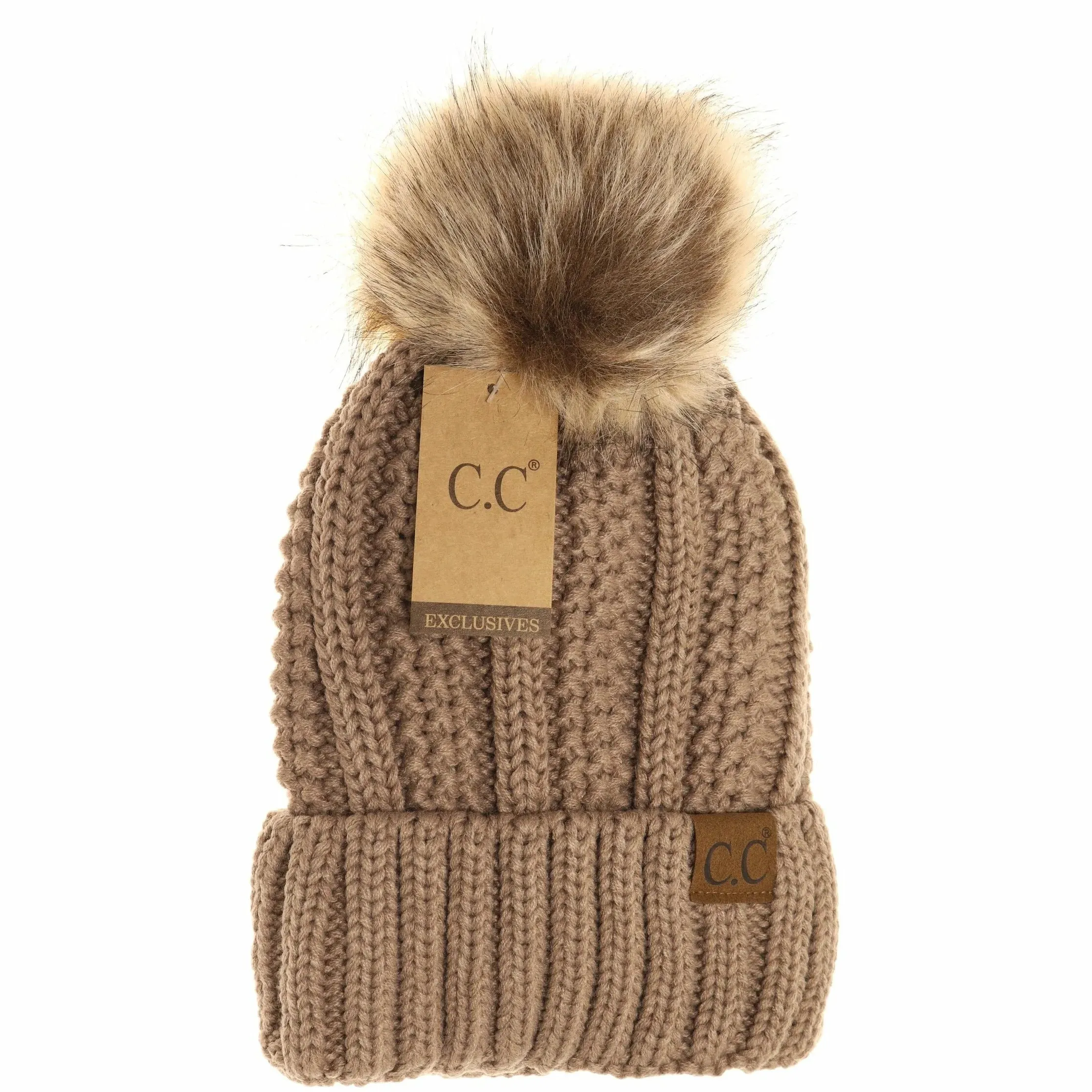 C.C. Beanie With Faux Fur Pom and Fuzzy Lining (Multiple Colors Available)