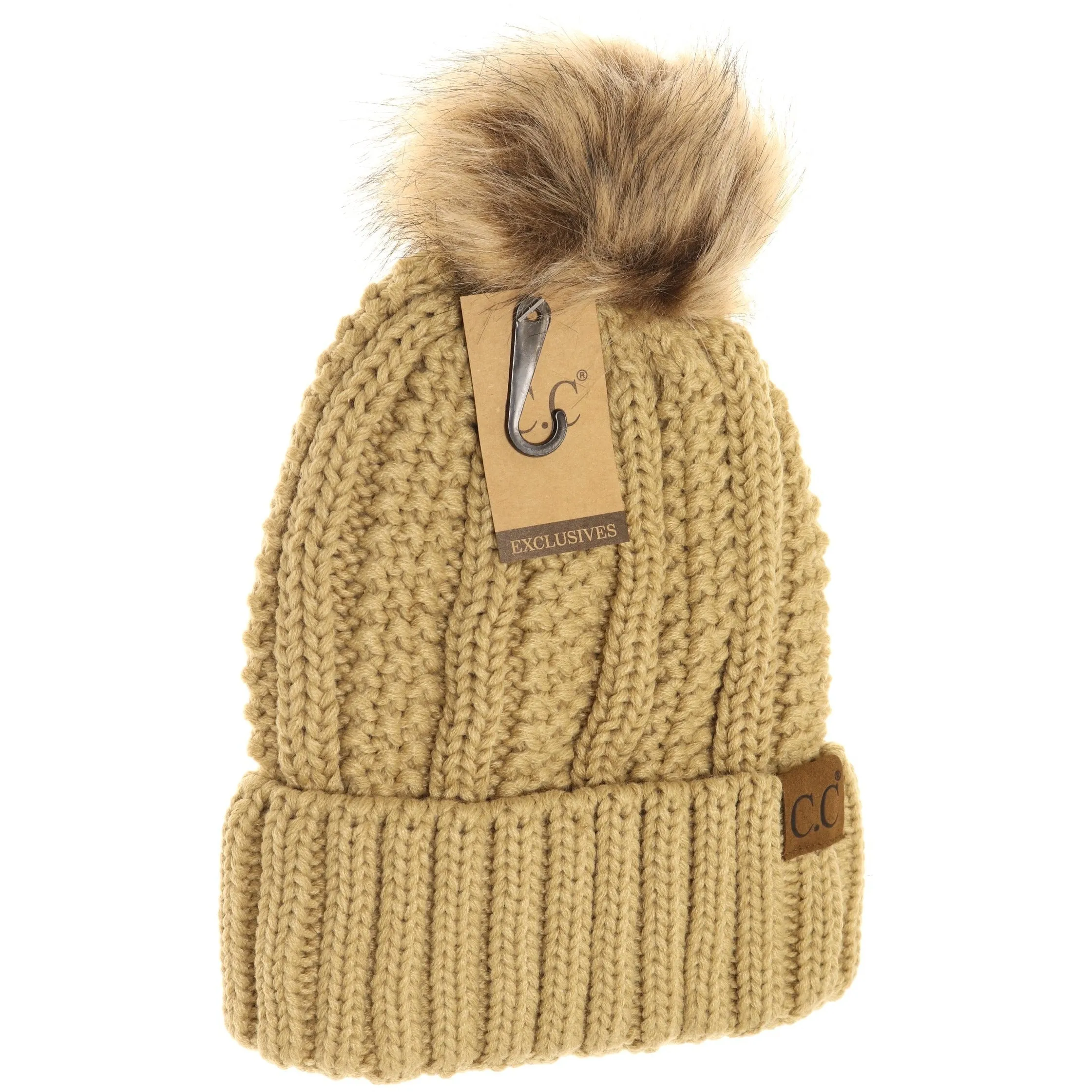 C.C. Beanie With Faux Fur Pom and Fuzzy Lining (Multiple Colors Available)