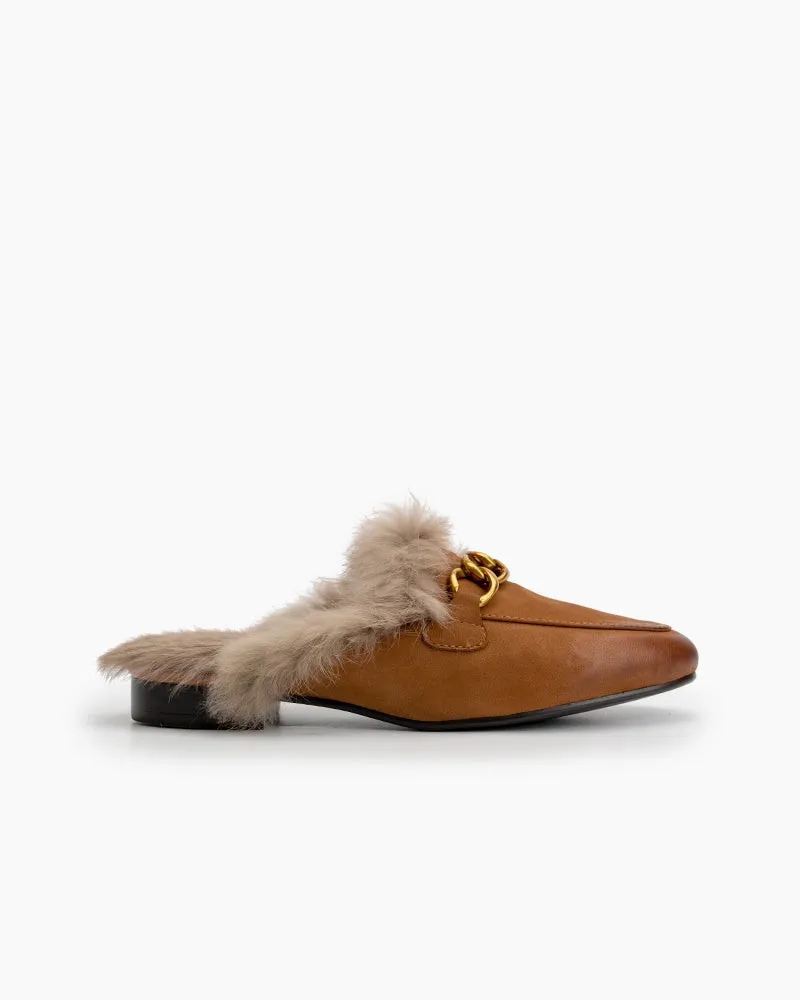 Chain Decor Comfy Fur Slip On Mules