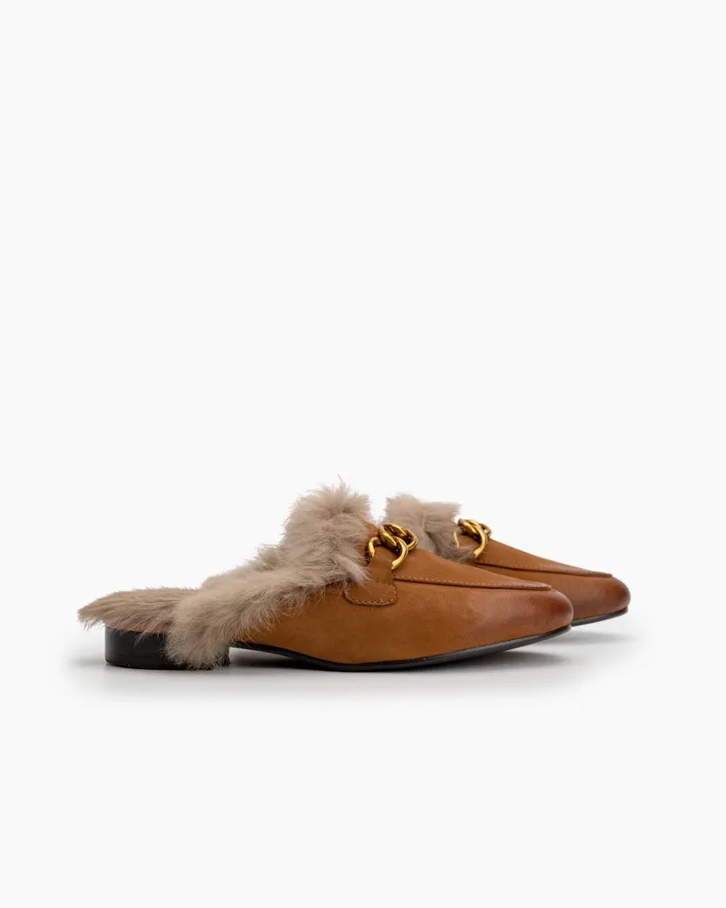 Chain Decor Comfy Fur Slip On Mules