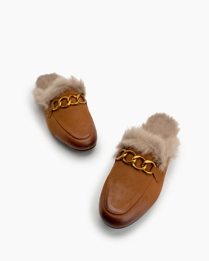 Chain Decor Comfy Fur Slip On Mules