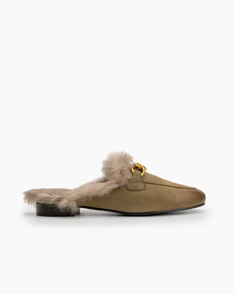 Chain Decor Comfy Fur Slip On Mules