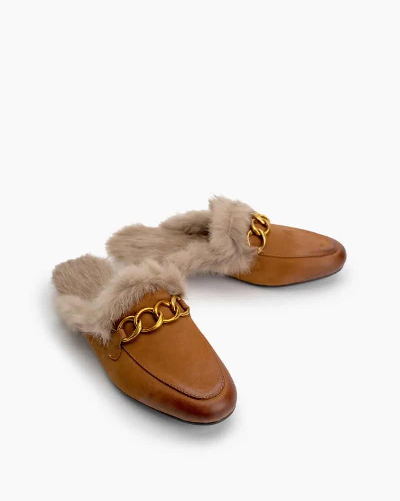 Chain Decor Comfy Fur Slip On Mules