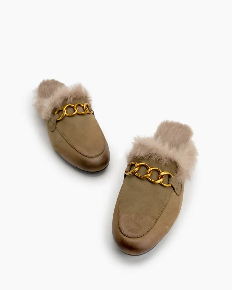 Chain Decor Comfy Fur Slip On Mules