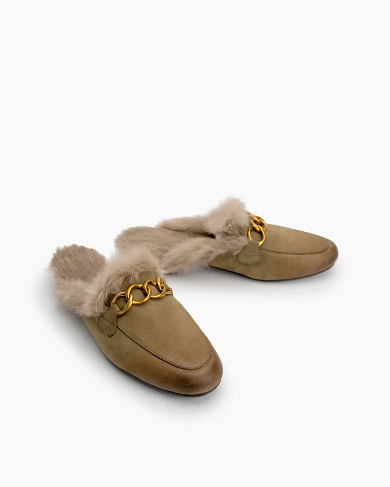 Chain Decor Comfy Fur Slip On Mules